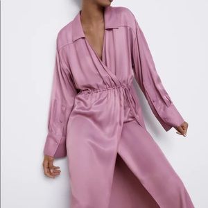 NWT Zara Satin Effect Wrap Dress In Pale Pink Size S